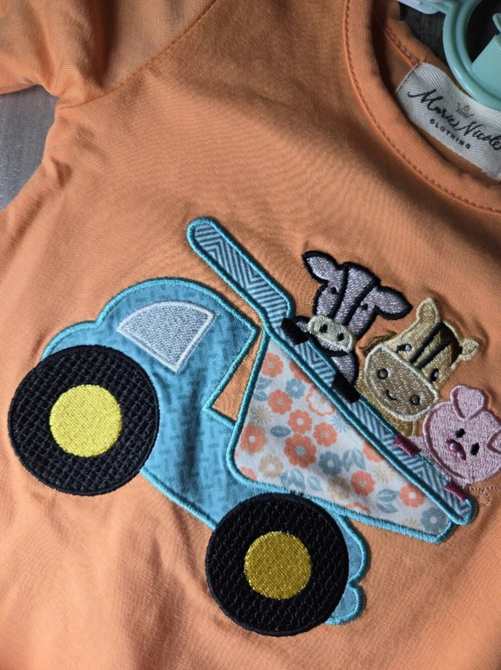 Marie Nicole Orange Animal Dump Truck Embroidered Romper 0–3M NWOT
